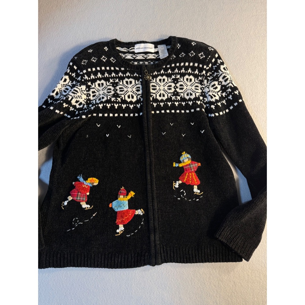 Alfred Dunner Vintage Ice Skater Fair Isle Zip Cardigan Sweater Black Small